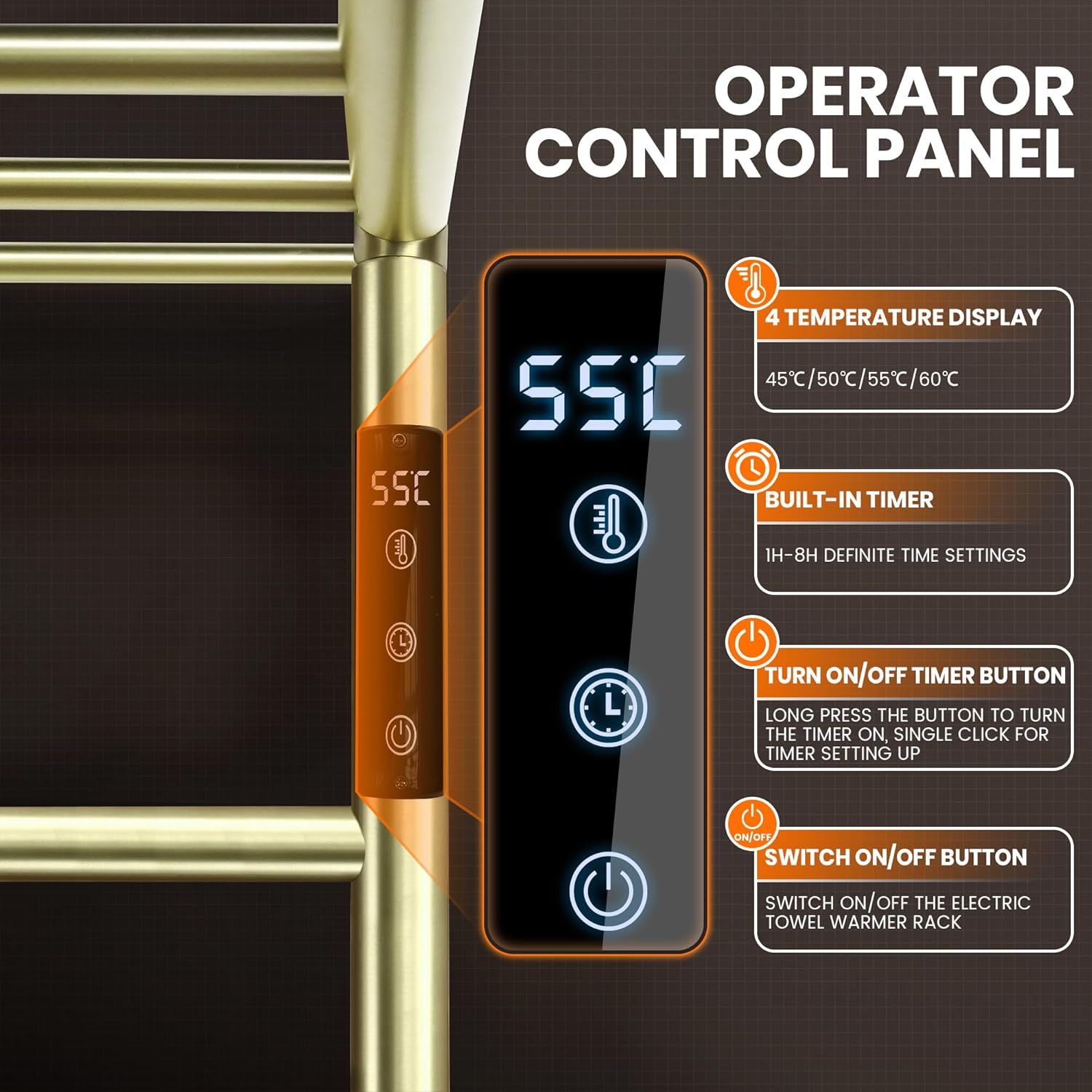 Towel Warmer Wall Mounted with 3 Electric Stainless Steel Heated Bars, Hot Towel Rack for Bathroom, Plug-in BathTowel Heater with Built-in Timer, Brushed Gold (MISSING PARTS)